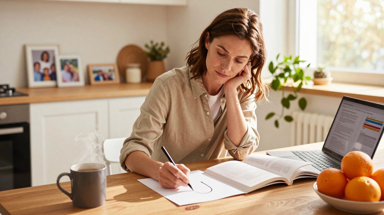 Frau sitzt am Tisch, schreibt auf Papier; daneben Laptop, Buch, Orangen. Im Hintergrund Küchenszene mit Pflanzen und Fotos.