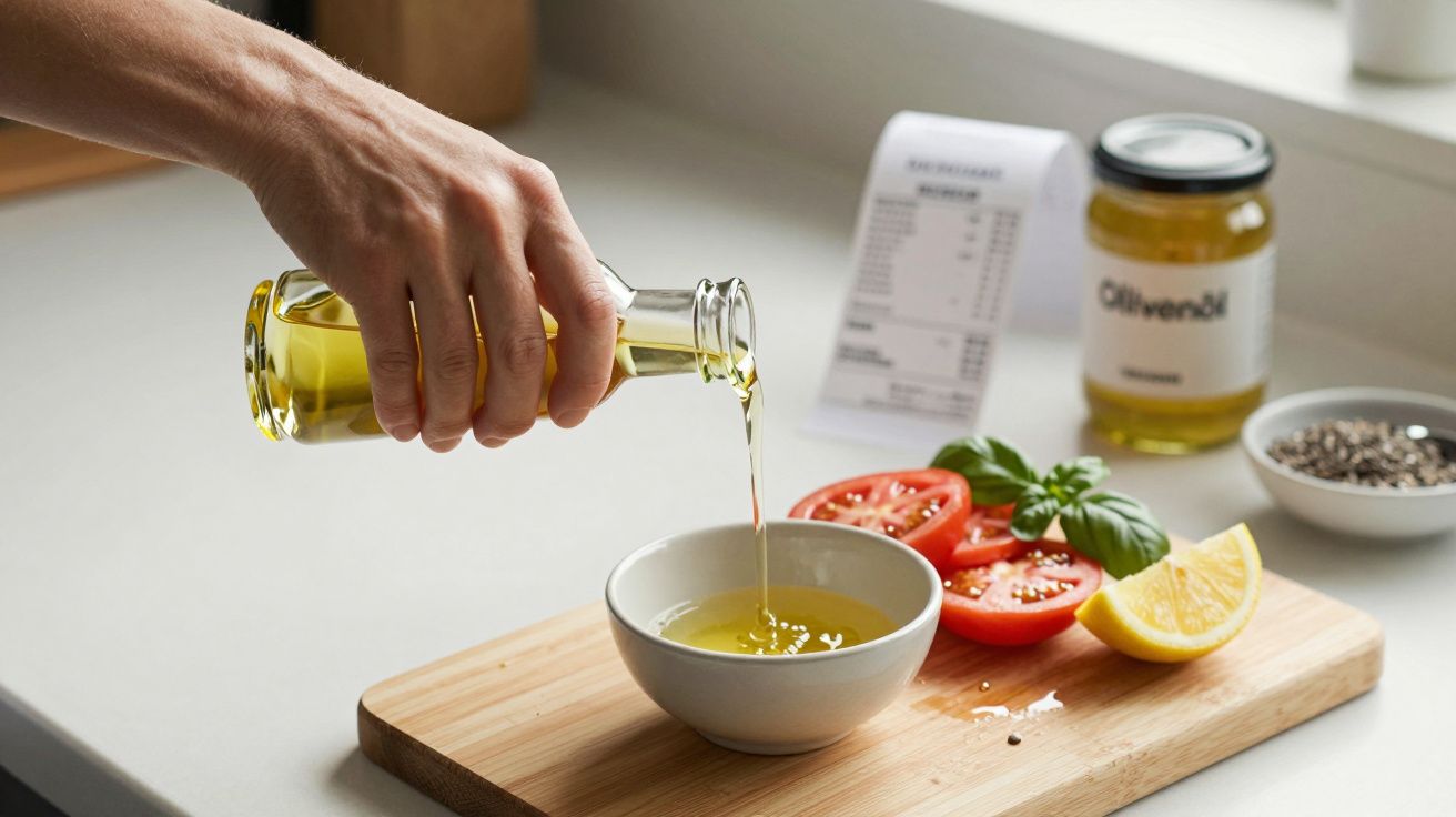 Hand gießt Olivenöl in eine Schüssel, daneben Tomaten, Basilikum und Zitrone auf einem Holzbrett in der Küche.