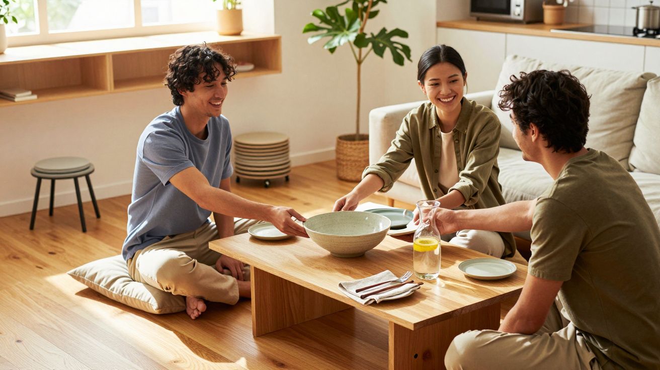 Drei Personen sitzen um einen niedrigen Holztisch, lachen und bereiten sich auf eine Mahlzeit vor.
