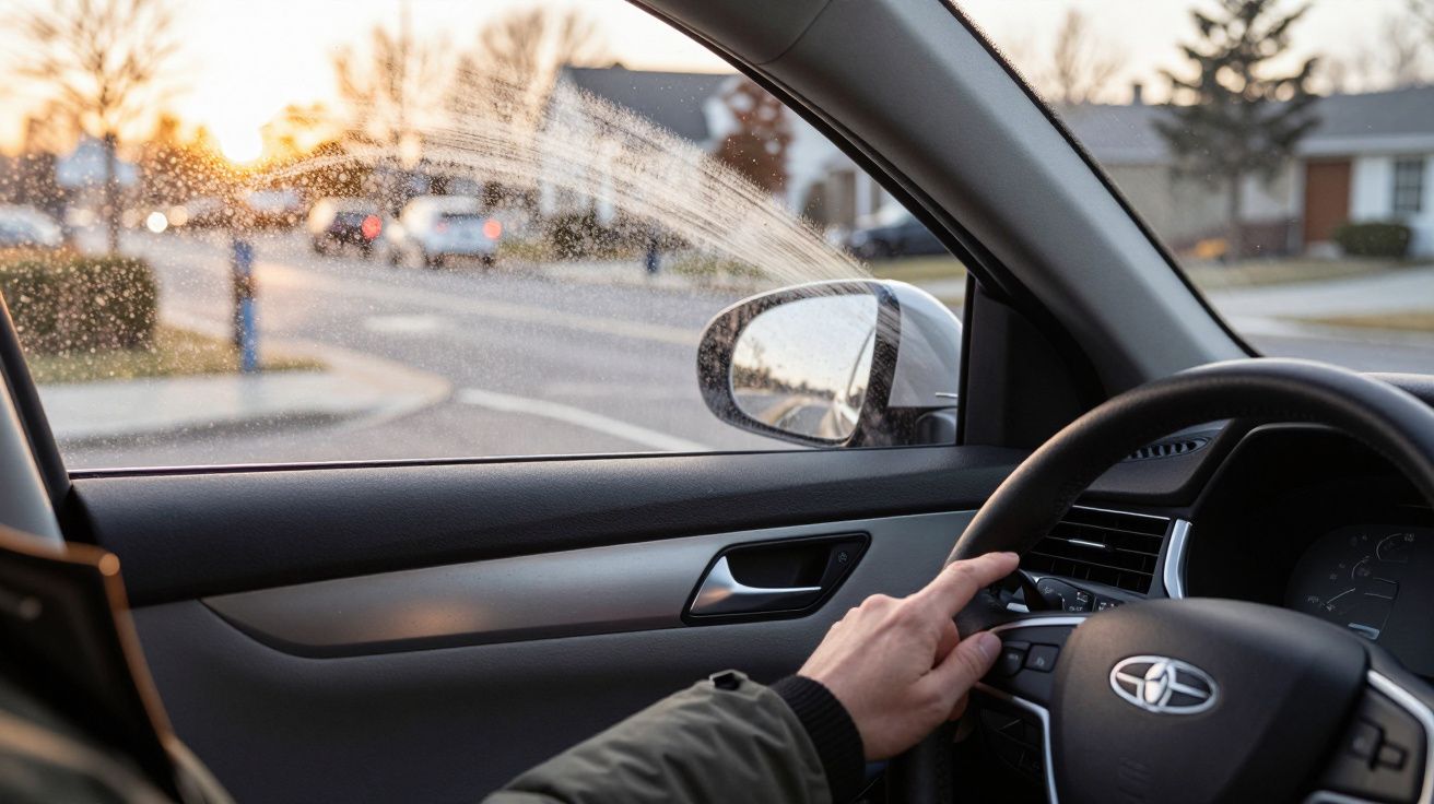 Hand am Lenkrad beim Autofahren in einer Wohngegend, Sonnenuntergang spiegelt sich auf den Scheiben.