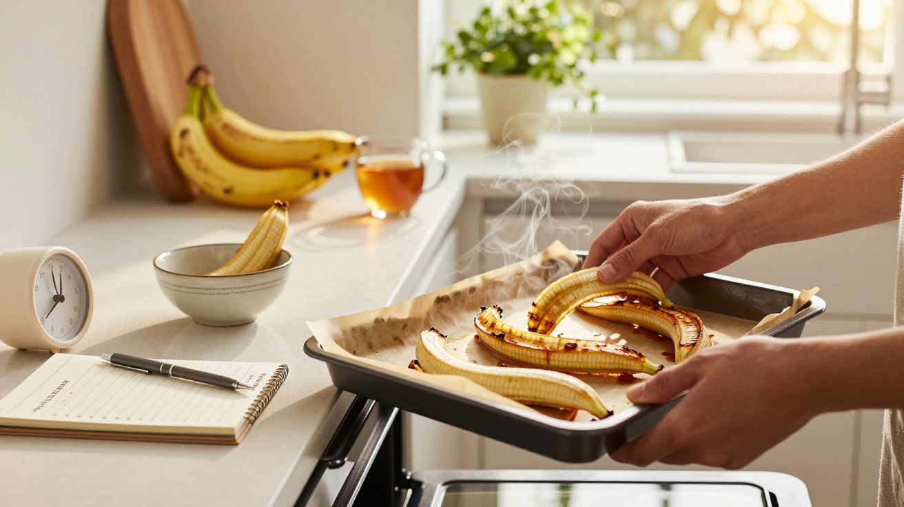Person nimmt gebackene Bananen aus dem Ofen in einer modernen Küche. Auf der Arbeitsfläche liegen frische Bananen und ein Not