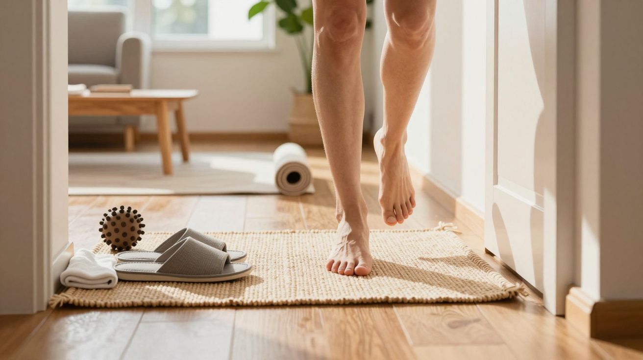 Person geht barfuß auf Teppich, daneben Hausschuhe, Handtuch und Massageball im hellen Raum.