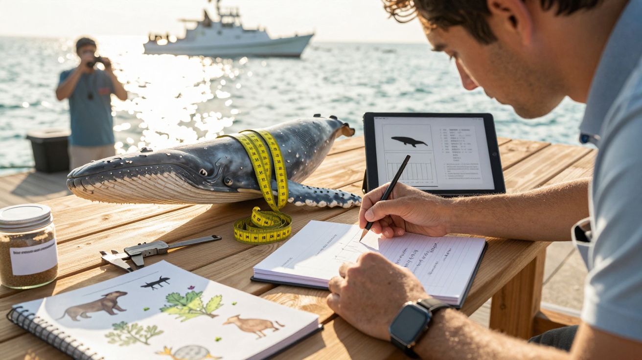 Mann arbeitet an Holztisch beim Meer, misst Walmodell und notiert Ergebnisse. Boot im Hintergrund, Kamera im Einsatz.