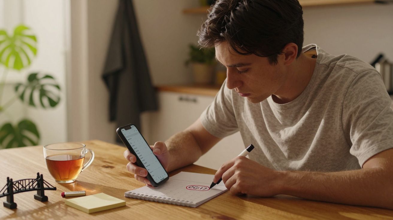 Mann am Tisch, schaut auf Handy und schreibt Notizen in ein Notizbuch, mit Tee und Modellbrücke daneben.