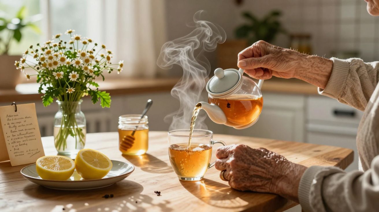 Ältere Person gießt Tee aus Glaskanne in Tasse, Zitrone und Honig daneben, im Hintergrund Kamille und Rezept.