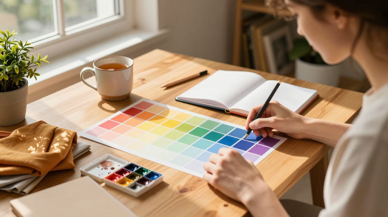 Frau malt am Tisch mit Farbpalette, Skizzenbuch und Tasse Tee, im Sonnenlicht neben einem Fenster.