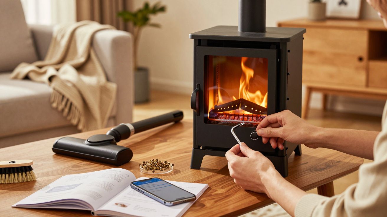 Person vor einem brennenden Kaminofen, öffnet Tür. Im Hintergrund Sofa, Staubsauger, Buch, Smartphone auf Holztisch.