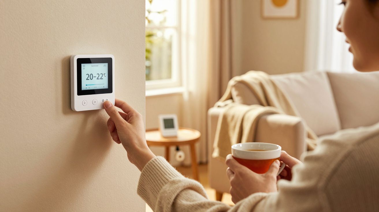 Frau stellt Temperatur am Thermostat ein, während sie eine Tasse hält. Gemütliches Wohnzimmer im Hintergrund.