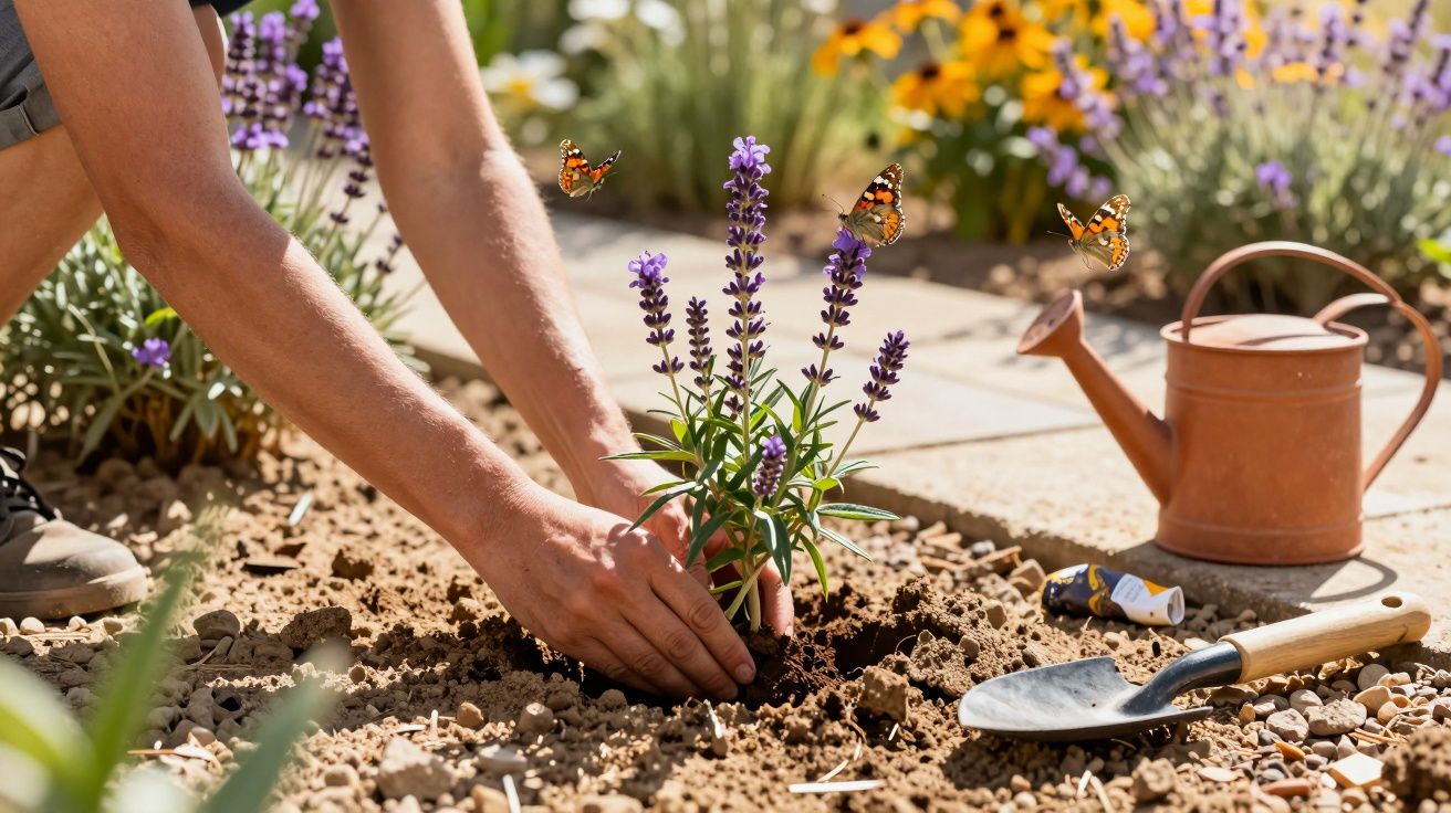 Person pflanzt Lavendel im Garten, Schmetterlinge fliegen, Gießkanne und Schaufel daneben.