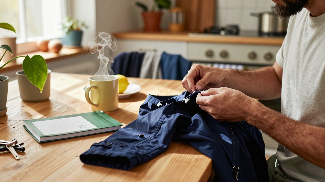 Mann näht Knopf an Hemd an Küchentisch, daneben Tasse Kaffee, ein Block und Zimmerpflanzen.