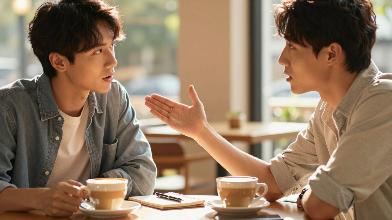 Zwei Männer unterhalten sich engagiert in einem Café, vor ihnen stehen zwei Tassen Kaffee und ein Notizblock auf dem Tisch.