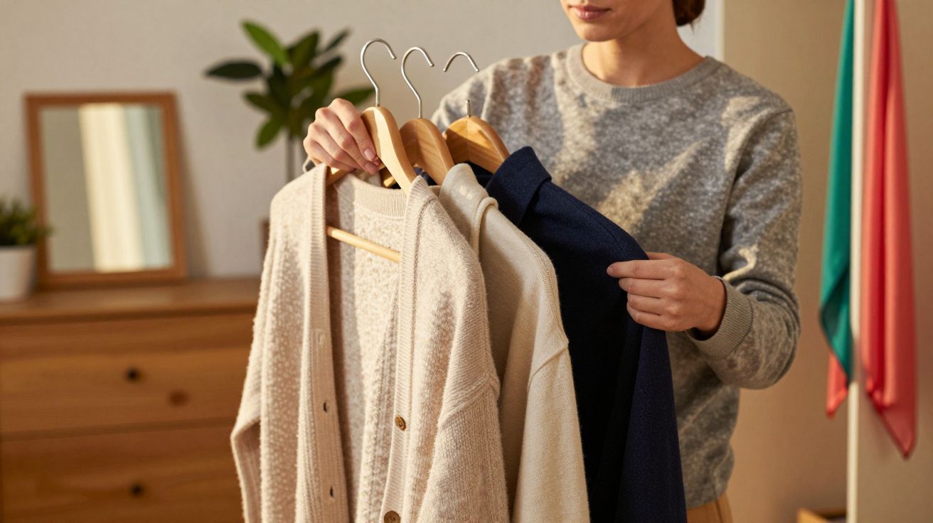 Person hält Kleiderbügel mit beigen und dunkelblauen Jacken, stehend in einem Schlafzimmer mit Pflanze und Spiegel.