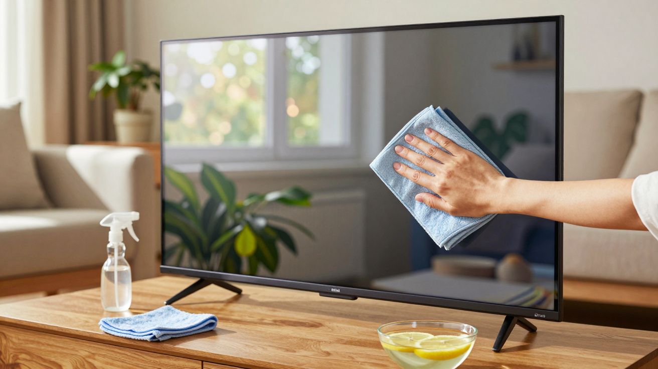 Hand reinigt Fernseherbildschirm mit Tuch; Sprühflasche und Zitrone auf Holztisch im Wohnzimmer.