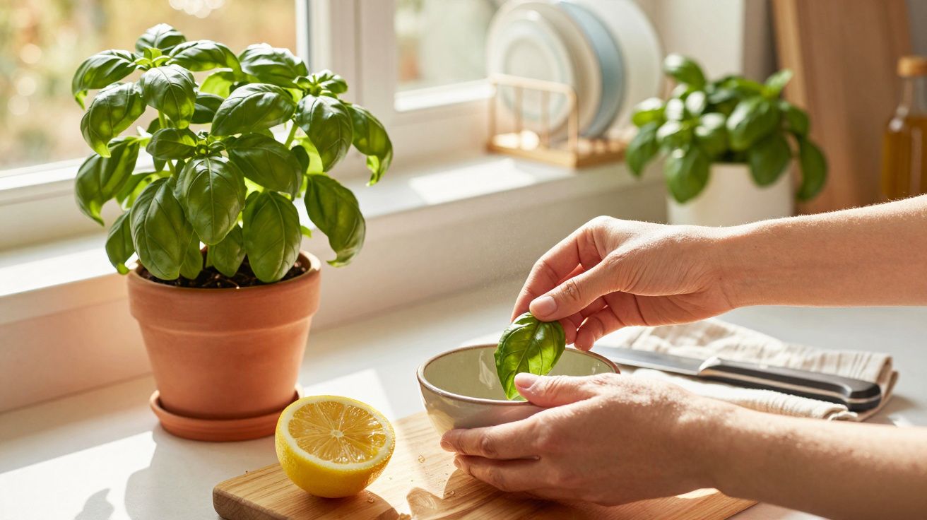 Hände halten Basilikumblatt über Schüssel, daneben Basilikumtopf und halbe Zitrone auf Holzbrett vor sonnigem Fenster.