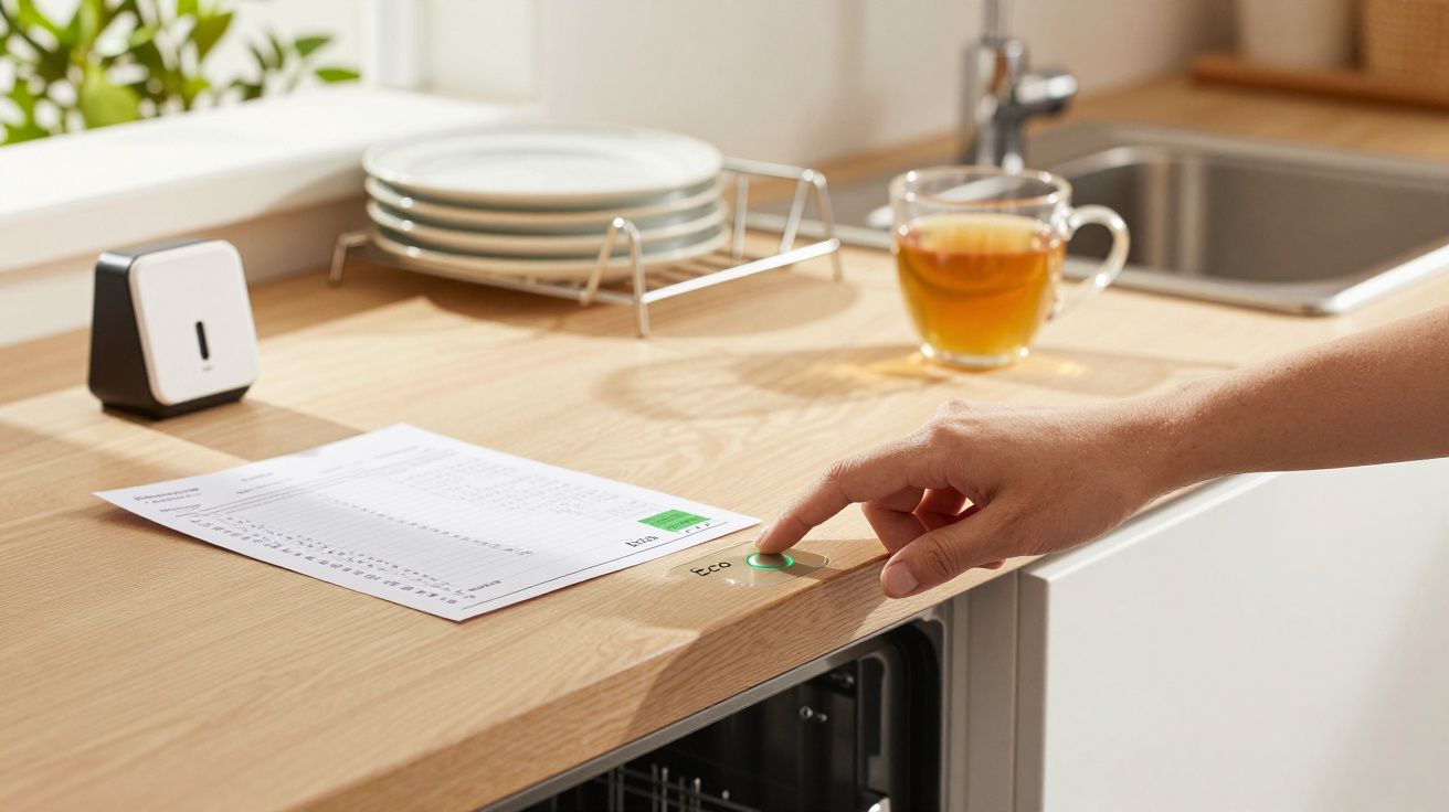 Hand drückt Eco-Knopf auf Geschirrspüler in Küche, Tasse Tee und Teller im Hintergrund.