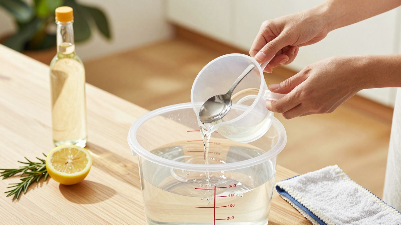Person gießt mit Löffel Wasser in Behälter auf Tisch, daneben Zitrone und Essigflasche.