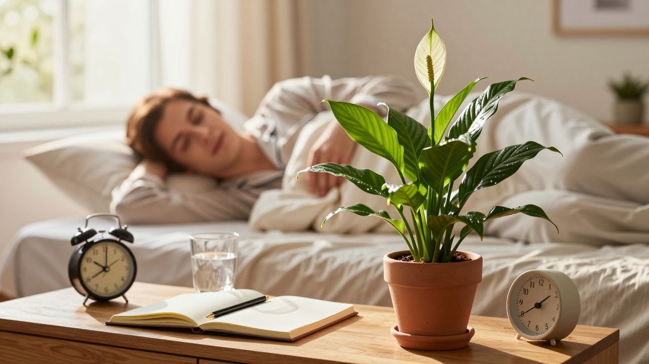 Topfpflanze auf Tisch, dahinter liegt ein Mann im Bett. Wecker, Glas Wasser und Notizbuch neben der Pflanze.