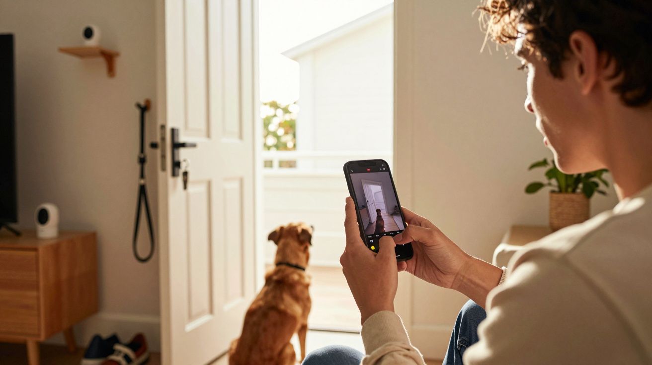 Person fotografiert Hund vor geöffneter Tür mit Smartphone. Hund schaut nach draußen, modern eingerichtetes Wohnzimmer.