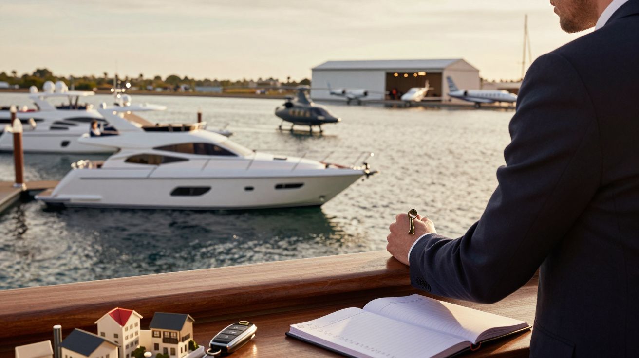 Person im Anzug betrachtet Yachten am Dock, im Vordergrund Notizbuch und Modellhäuser auf Holzgeländer.