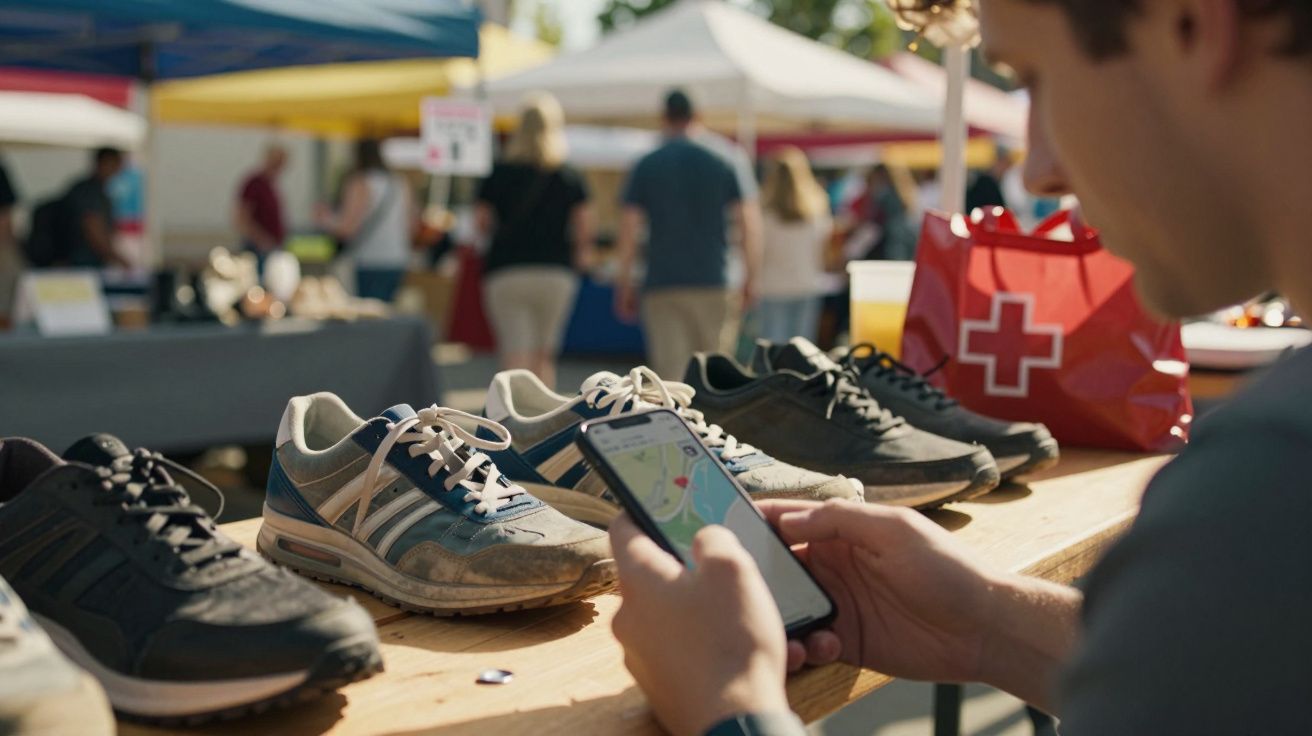 Mann hält Smartphone, betrachtet Karte, während er vor Sportschuhen auf einem Markt sitzt. Im Hintergrund Marktstände.