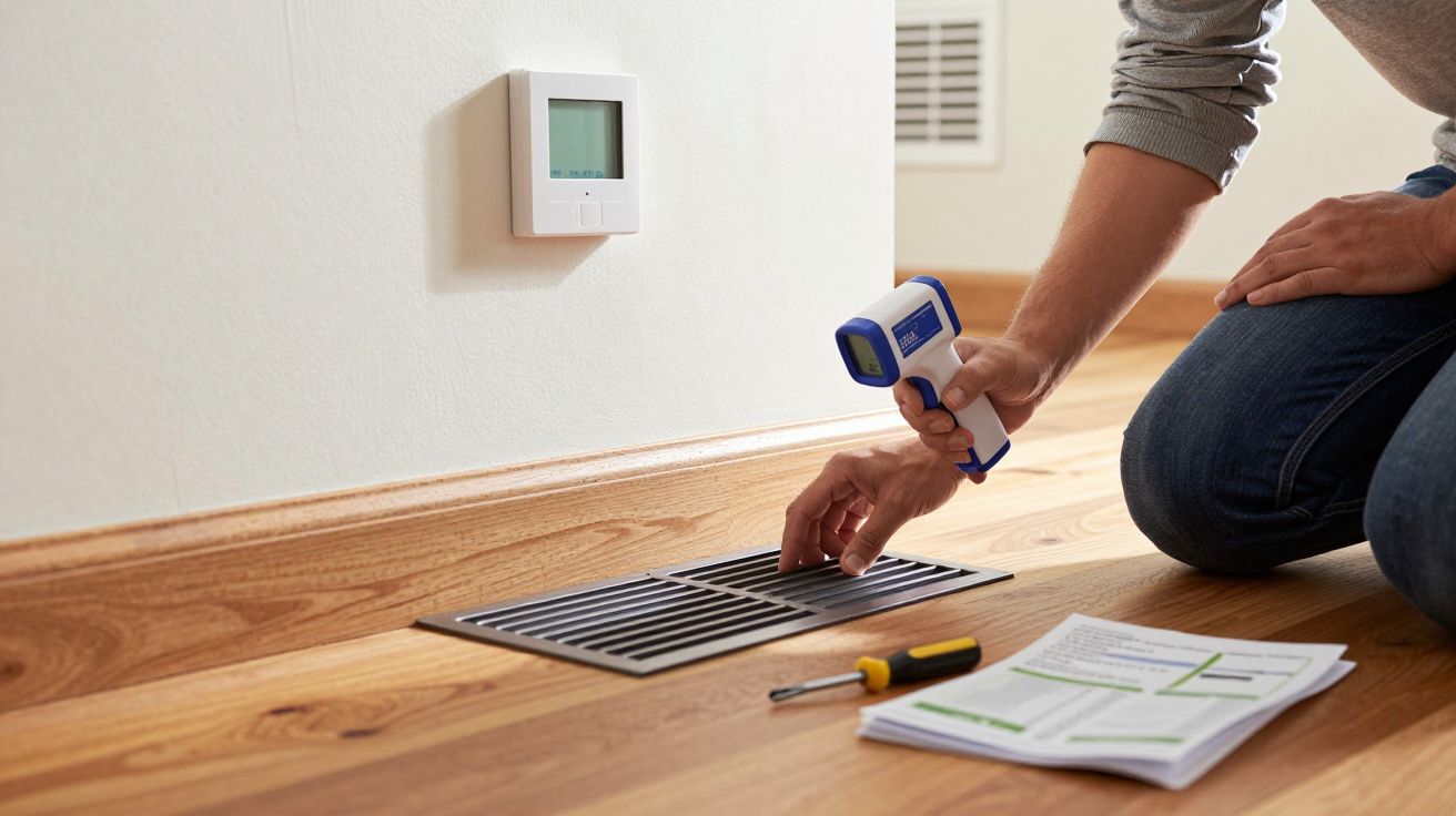 Person prüft einen Lüftungsschacht mit einem Infrarotthermometer neben einem Thermostat, Schraubenzieher und Papieren.