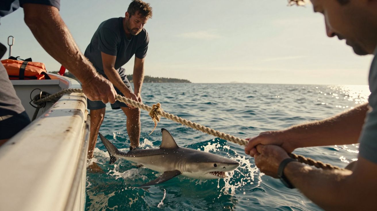 Männer auf einem Boot ziehen einen Hai aus dem Wasser mit einem Seil.