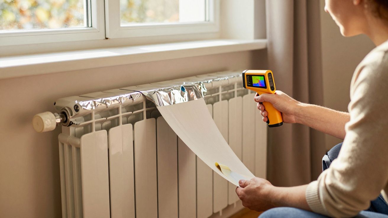 Person hält Infrarot-Thermometer vor Heizkörper mit reflektierender Folie, um die Wärmeverteilung zu messen.