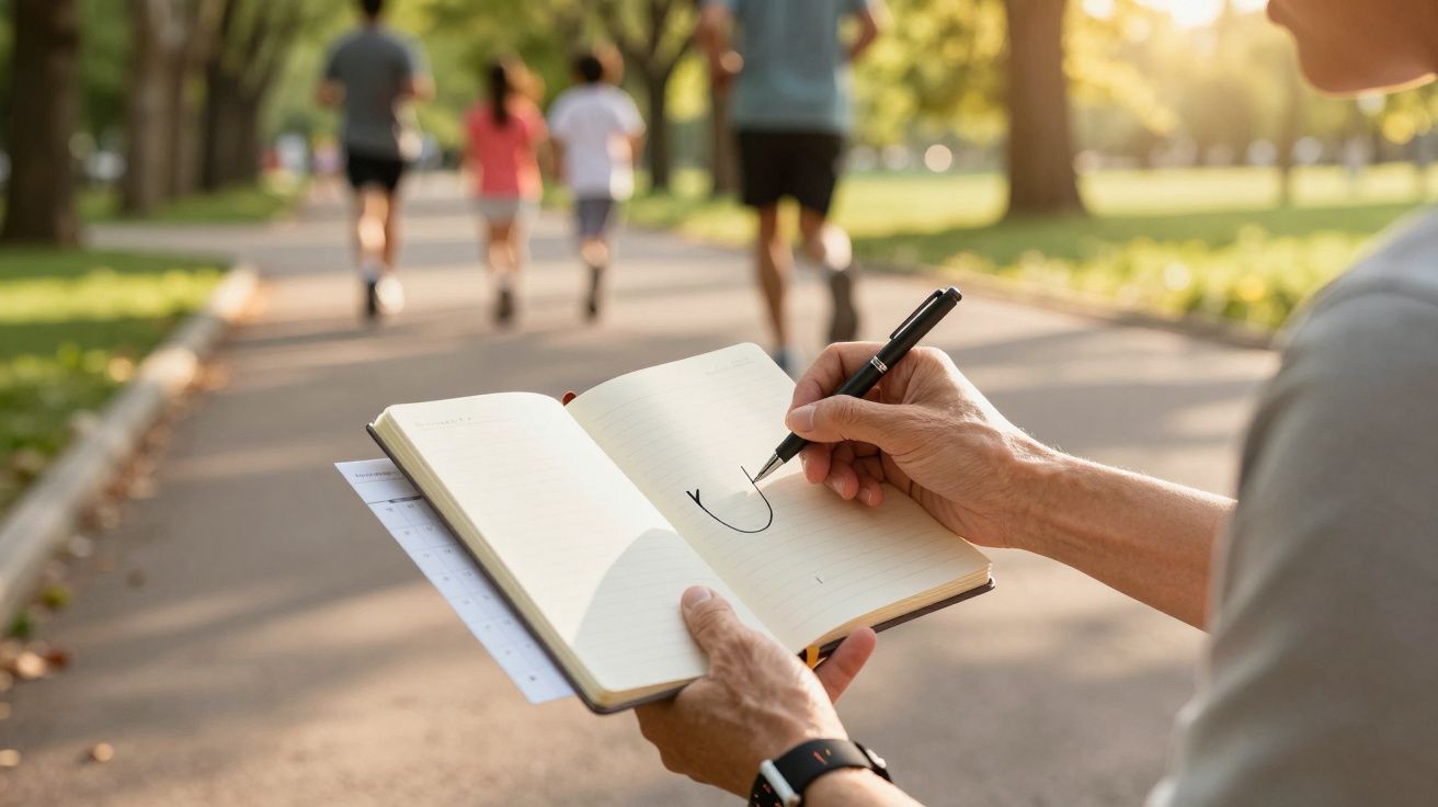 Person schreibt in Notizbuch im Park, während andere im Hintergrund joggen.