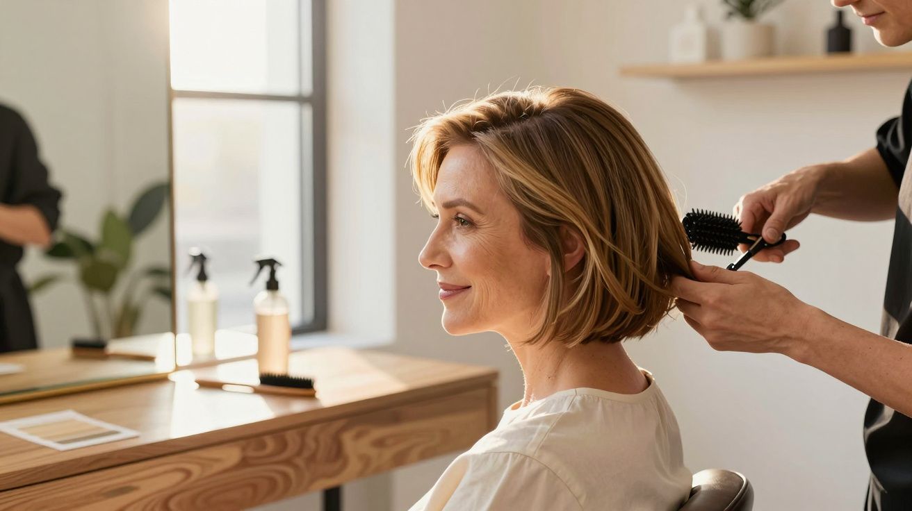 Frau im Friseursalon, die Haare von Stylist gekämmt werden, lächelt entspannt in einem modernen, hellen Raum.
