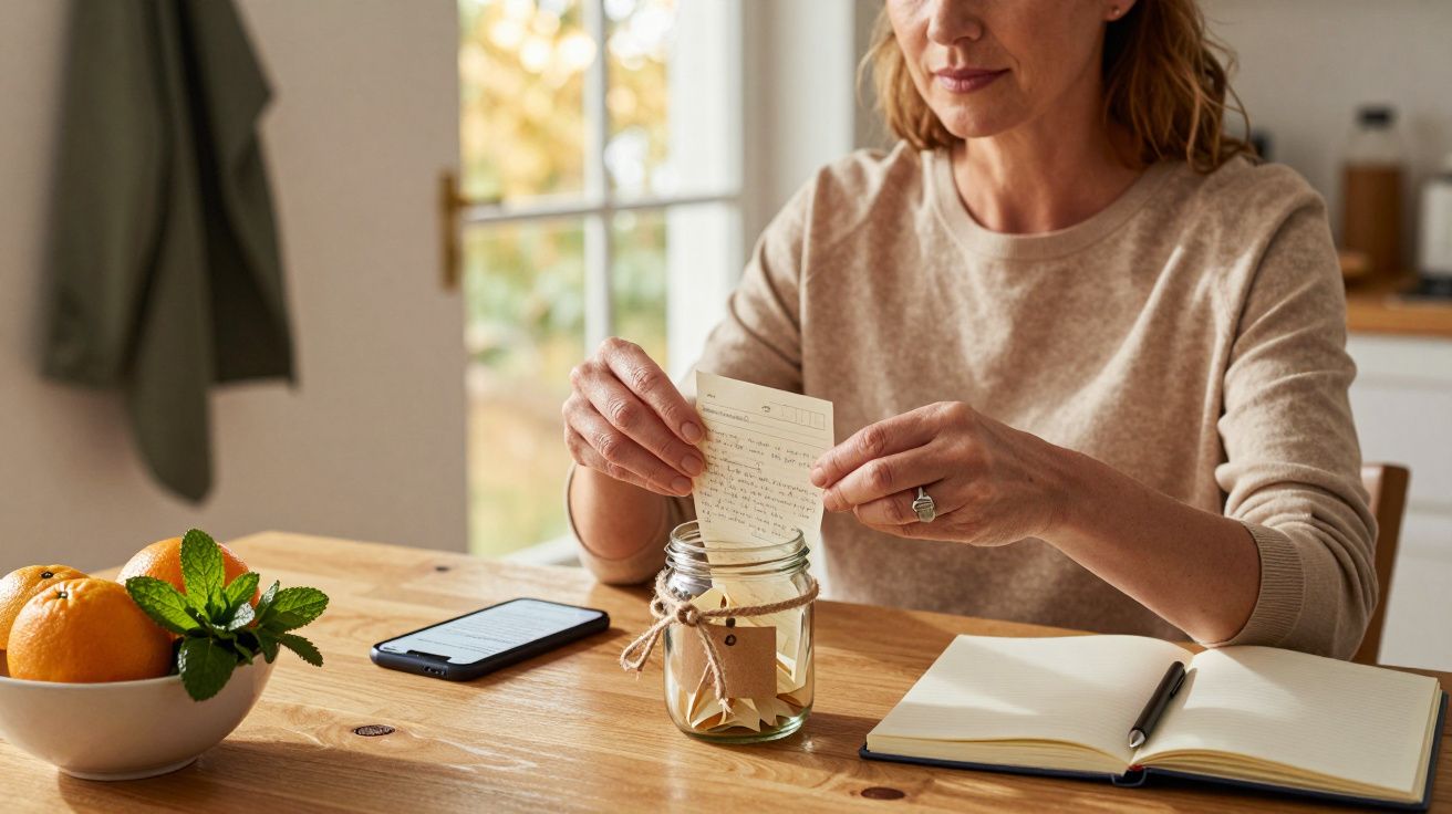 Frau sitzt am Tisch, legt Notiz in ein Glas, daneben Notizbuch, Smartphone und Schale mit Orangen.