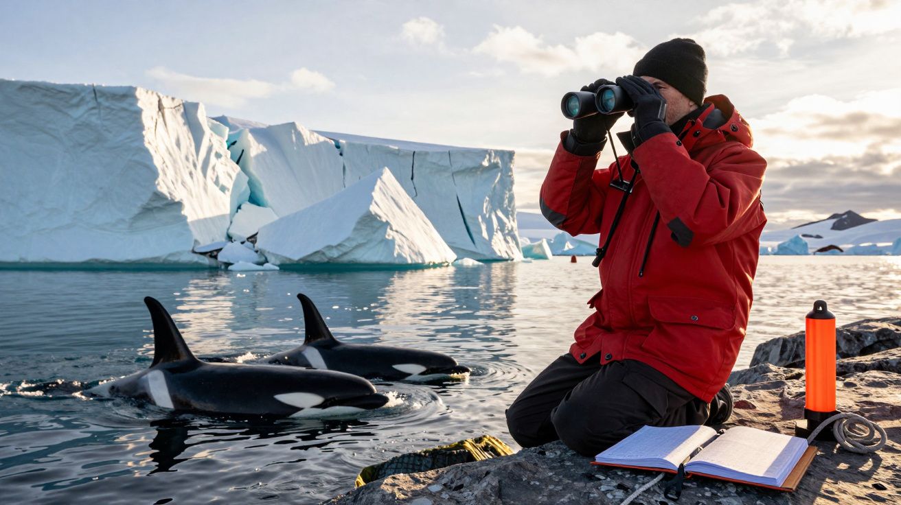 Forscher in roter Jacke beobachtet mit Fernglas Orcas vor Eisberg, neben Notizbuch und Thermosflasche.