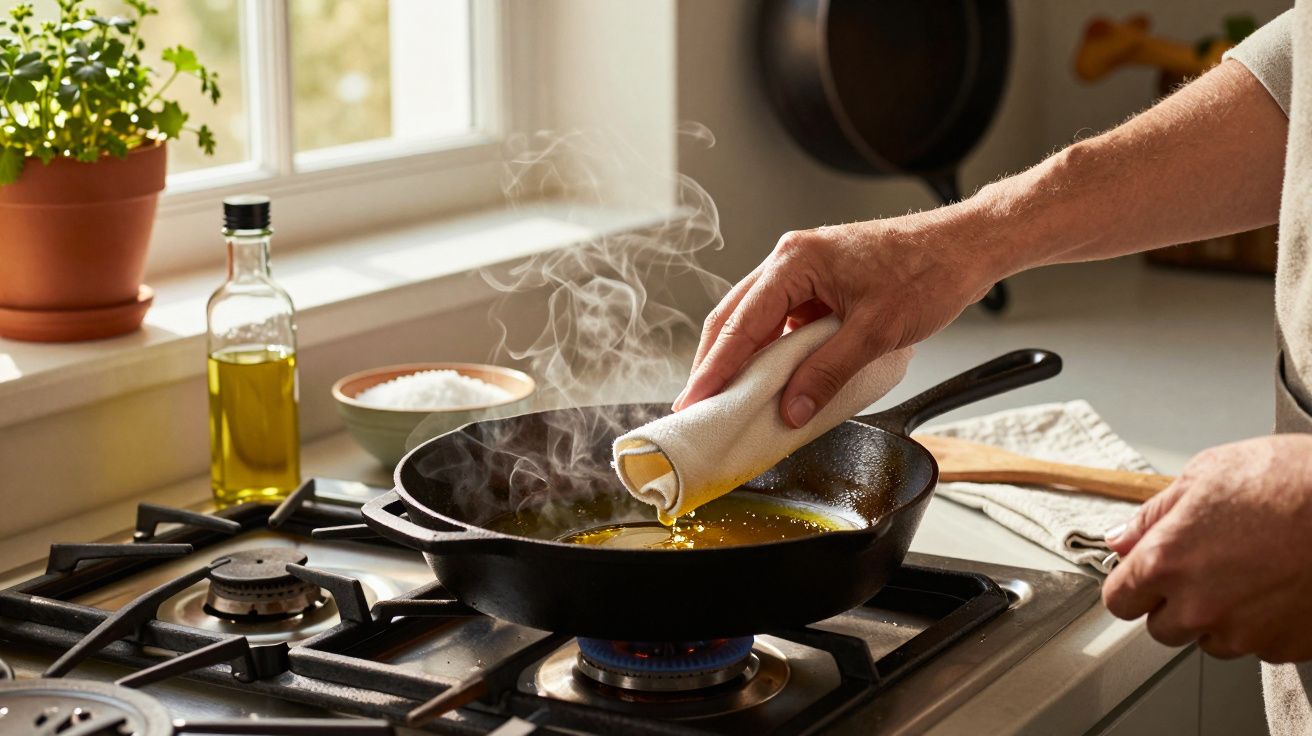 Eine Person wischt eine heiße, dampfende Pfanne auf dem Herd mit einem Tuch ab.