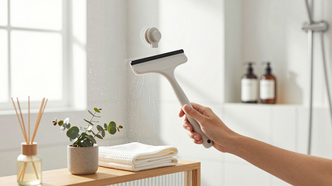 Hand benutzt Fensterabzieher an einer Duschwand mit Pflanze und Handtüchern im Vordergrund.