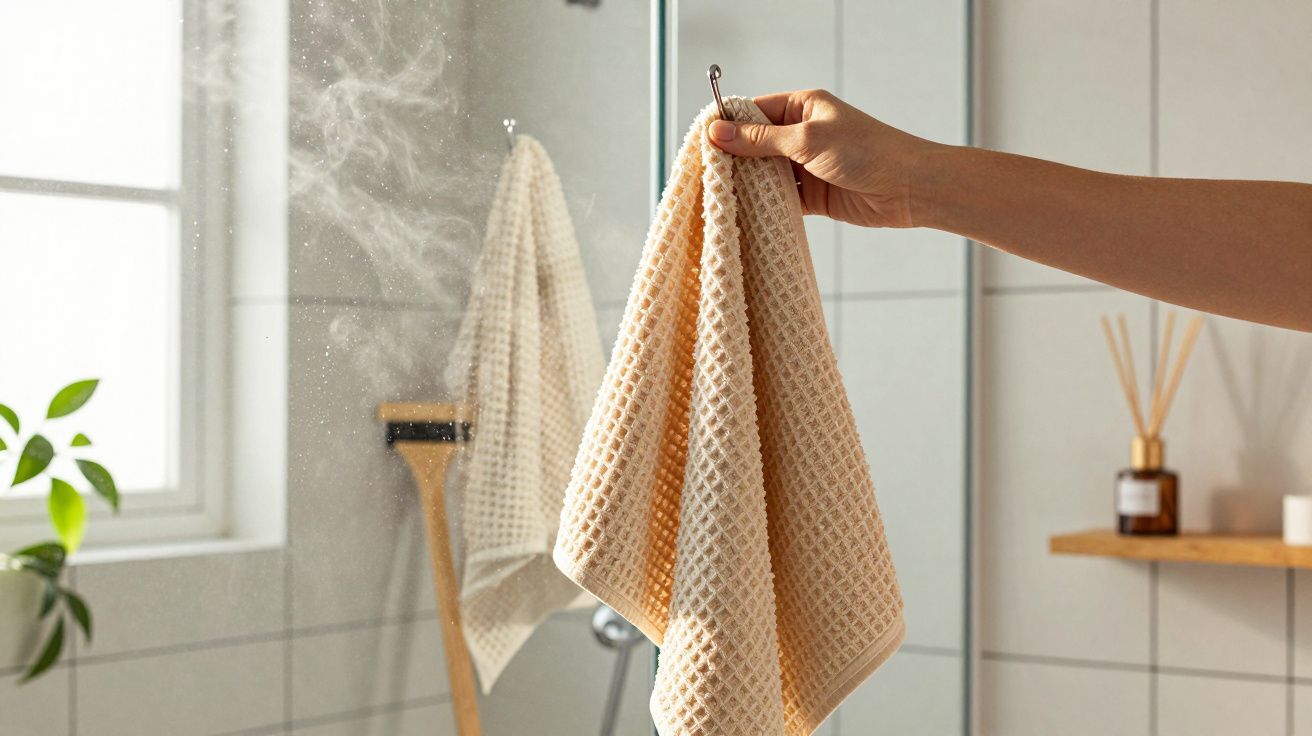 Hand hält beigen Handtuch vor dampfendem Badezimmerspiegel, im Hintergrund Pflanzen und Duftstäbchen.