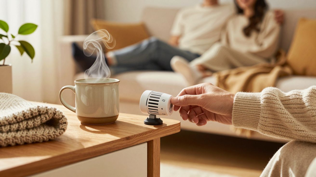 Person misst Temperatur einer dampfenden Tasse Tee auf einem Tisch im Wohnzimmer, Paar sitzt unscharf im Hintergrund.