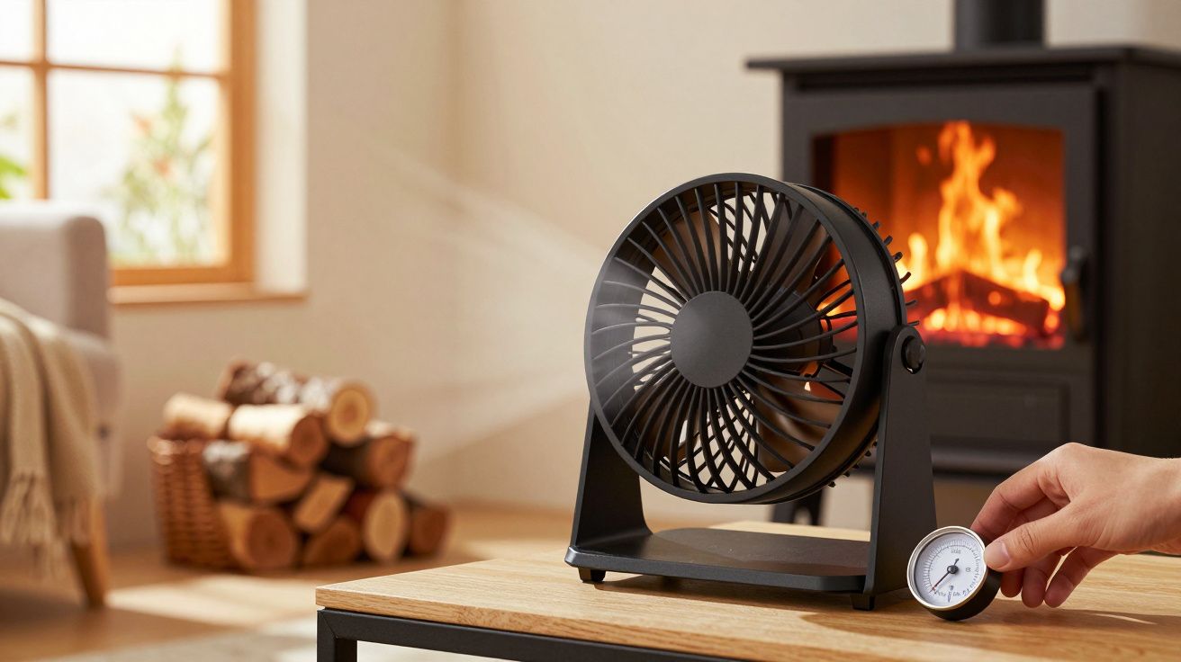 Ventilator auf einem Tisch vor einem brennenden Holzofen, Hand hält ein Thermometer, gemütliche Wohnzimmeratmosphäre.