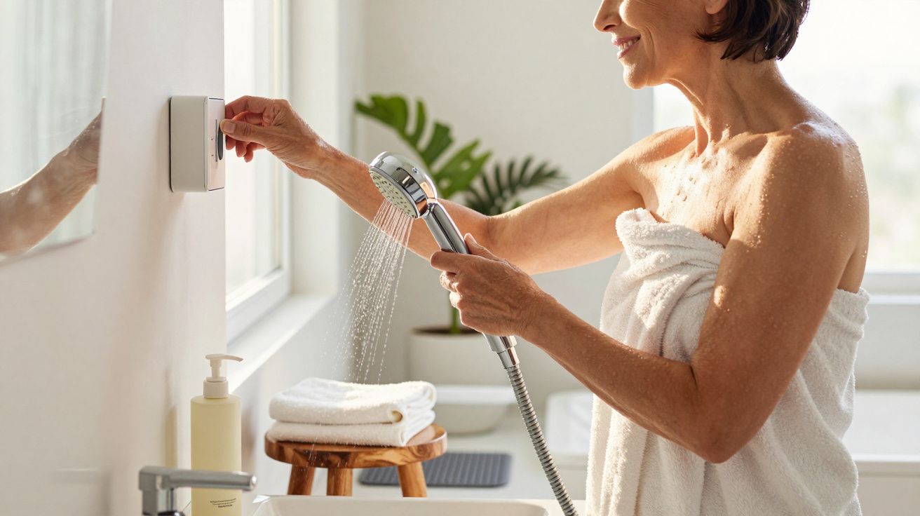 Frau stellt Thermostat ein, hält Dusche, Handtuch um Körper gebunden, Sonnenlicht durchs Fenster, Pflanze im Hintergrund.