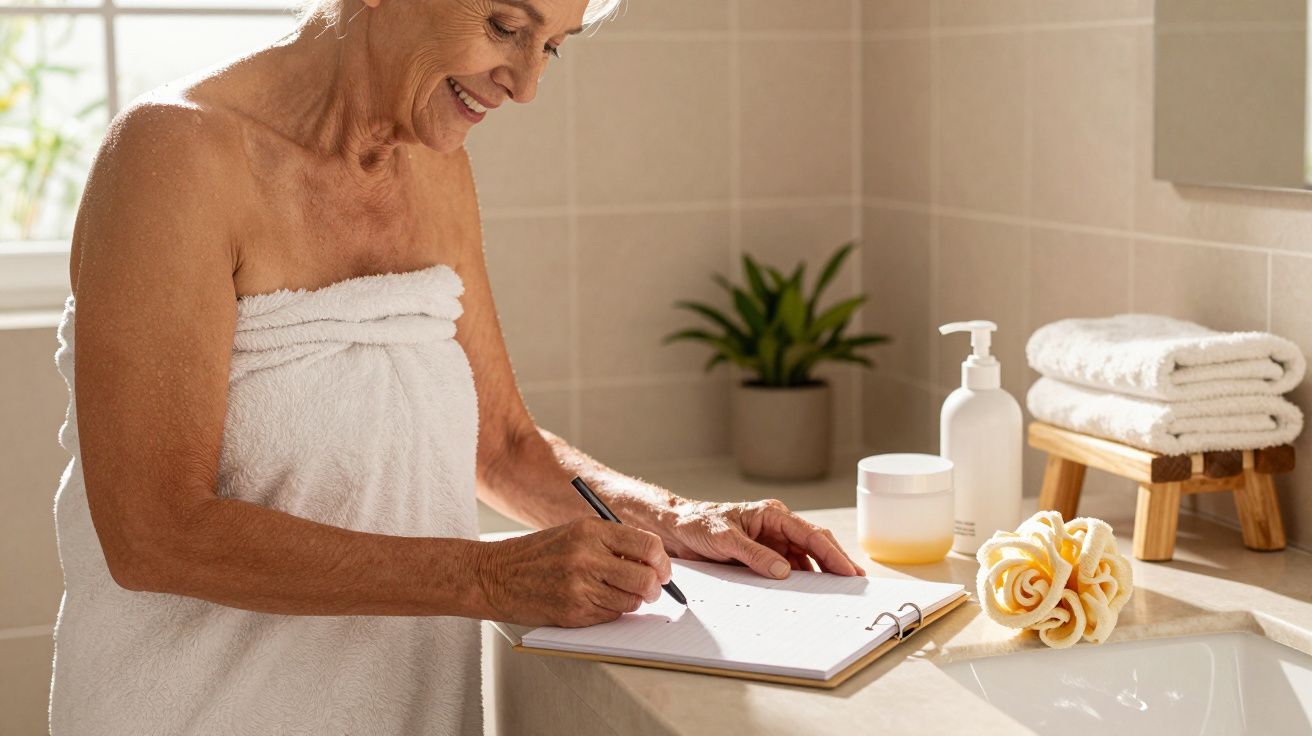 Ältere Frau im Handtuch schreibt lächelnd auf einem Clipboard im Badezimmer, mit Pflegeartikeln und Pflanzen im Hintergrund.