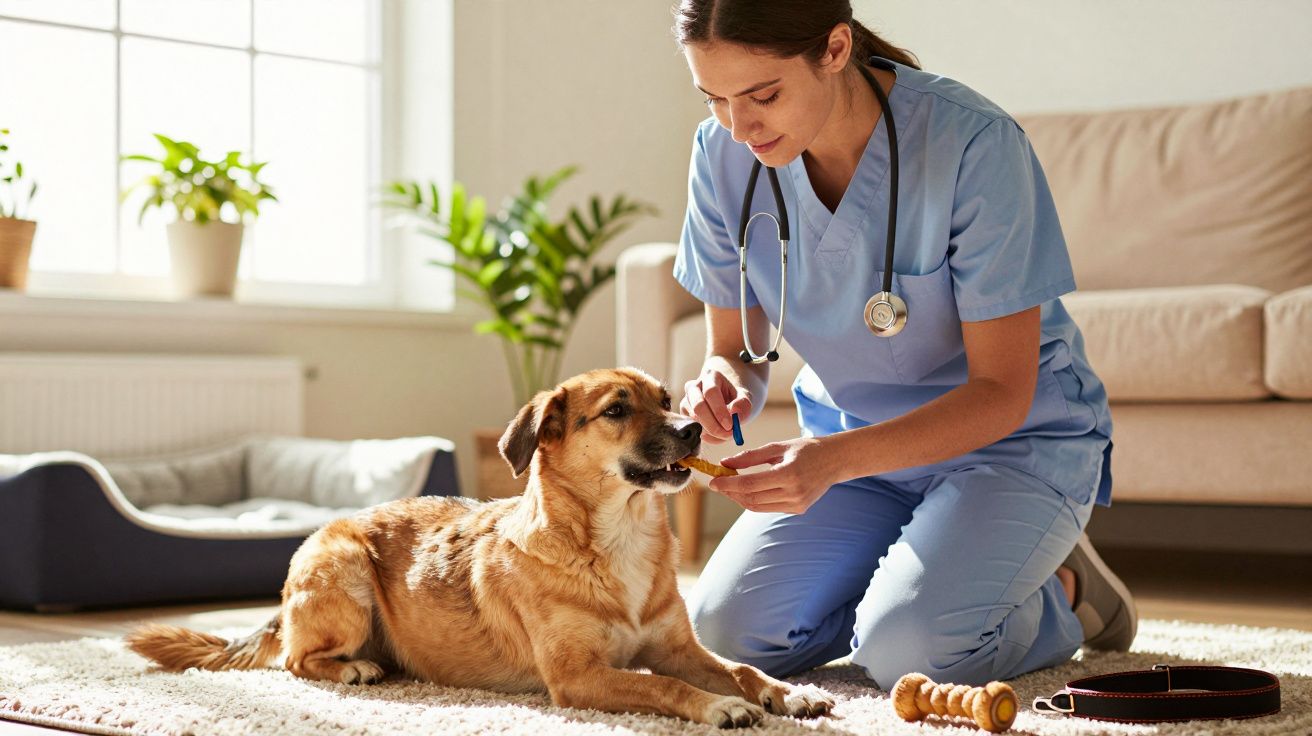 Tierärztin in blauer Uniform gibt einem Hund mit braunem Fell ein Leckerli im Wohnzimmer.