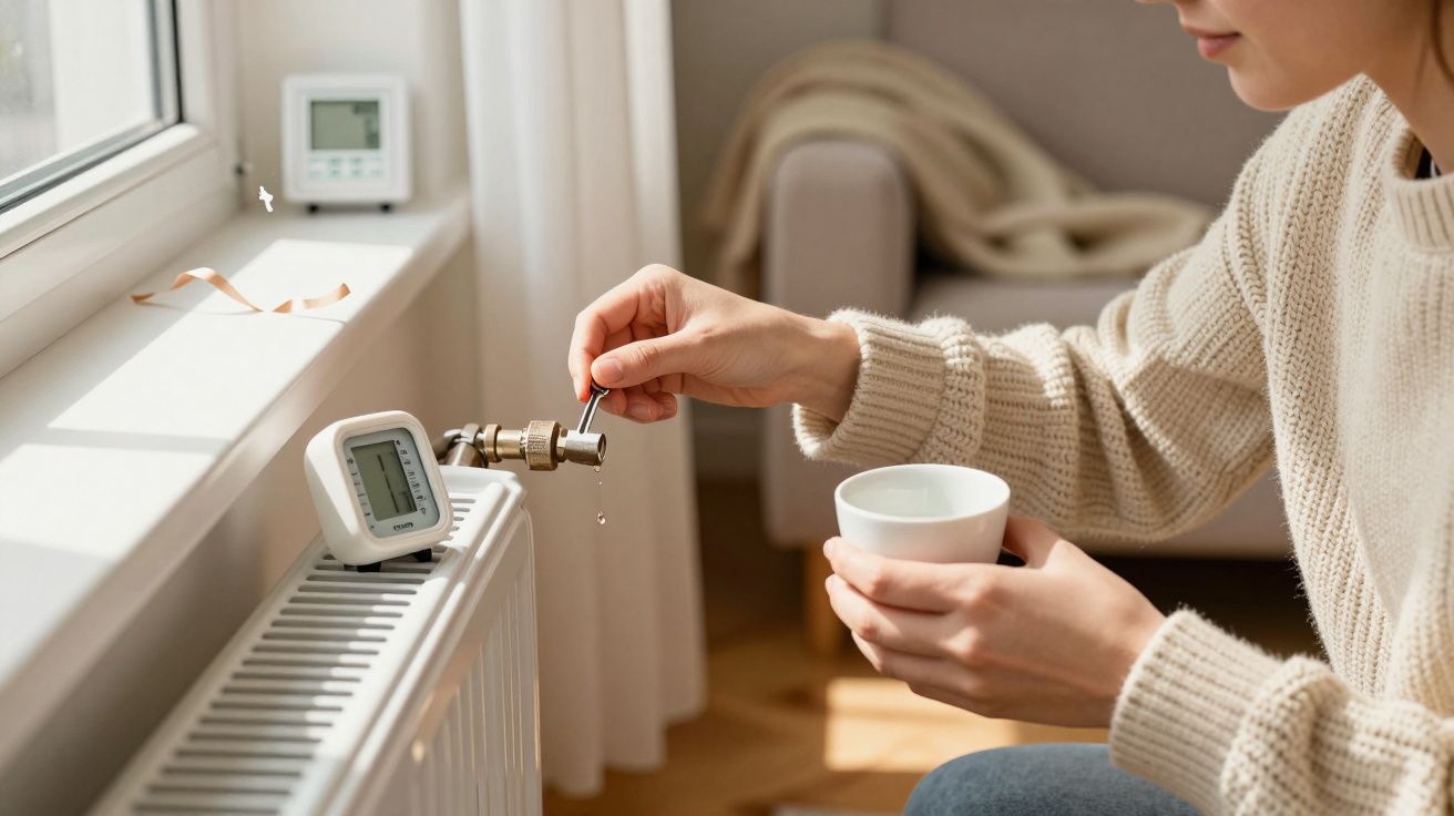 Person entlüftet einen Heizkörper mit einem Schlüssel und hält eine Tasse, um Wasser aufzufangen.