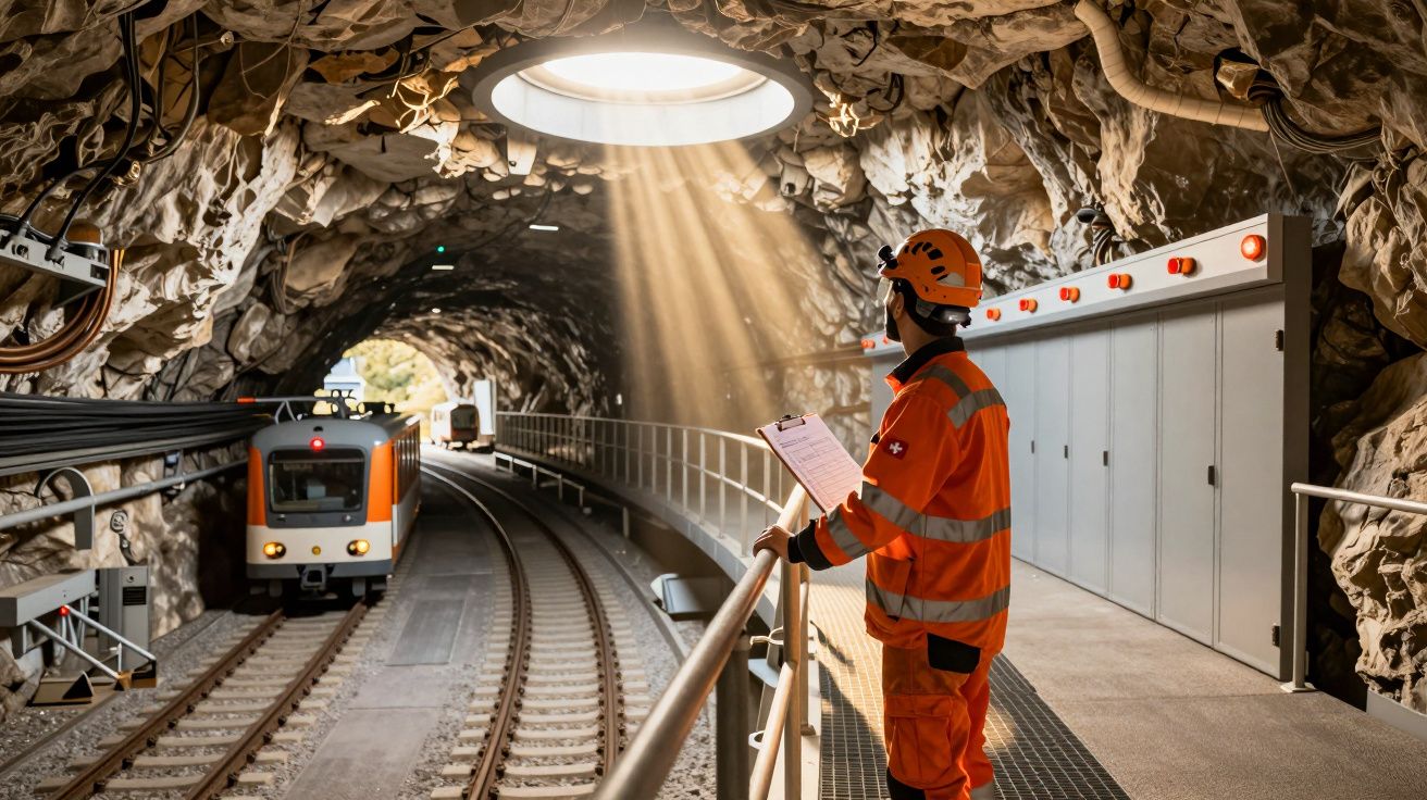 Arbeiter in Schutzkleidung überprüft Bahntunnel, während Sonnenstrahlen durch eine Öffnung fallen. Zug im Hintergrund.
