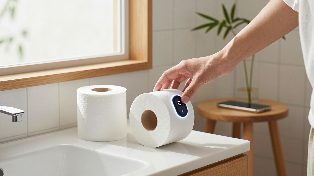 Hand greift nach einer Toilettenpapierrolle mit digitaler Anzeige auf einem Waschbecken, daneben eine normale Rolle.