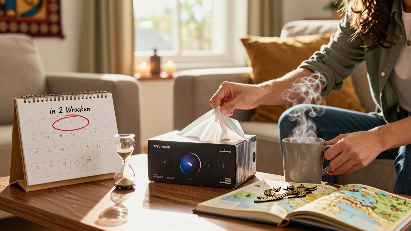 Kalender mit markiertem Datum, Sanduhr, Dyonpro Lautsprecher, dampfender Becher, Buch und Hand greift nach einem Taschentuch.