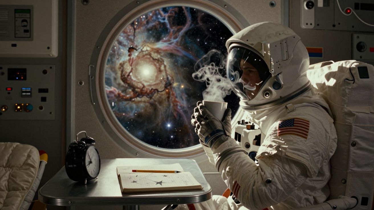 Astronaut trinkt Kaffee neben Notizbuch in Raumschiff, blickt durch Bullauge auf Galaxie im Weltraum.