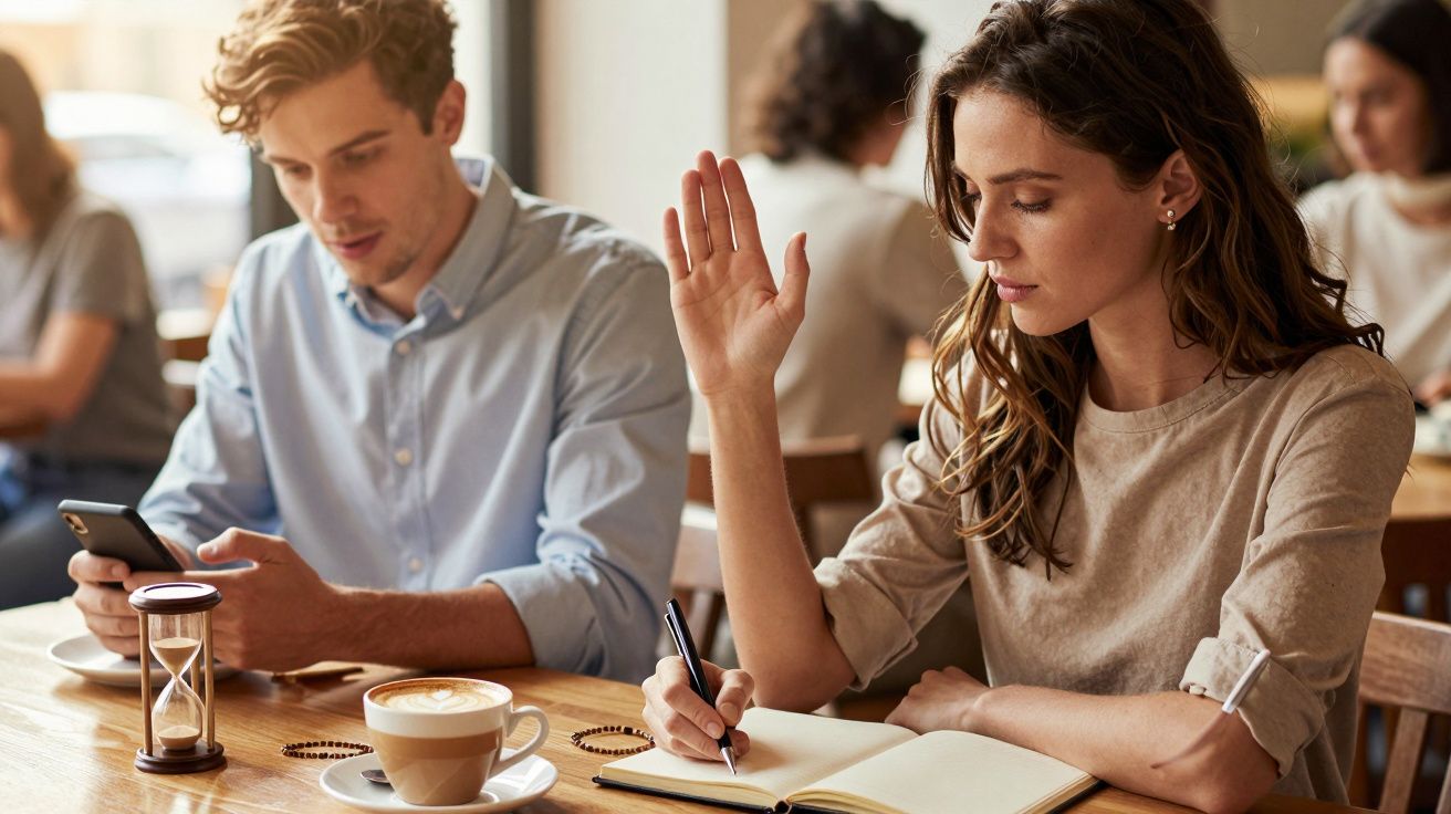 Frau im Café hebt die Hand, während sie Notizen macht; Mann neben ihr schaut aufs Handy, Kaffee auf dem Tisch.