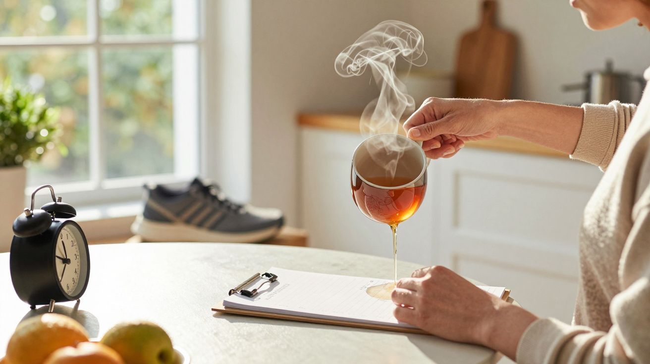 Person gießt heißen Tee über ein Klemmbrett, das auf einem Tisch mit Früchten und Wecker liegt, im Sonnenlicht.