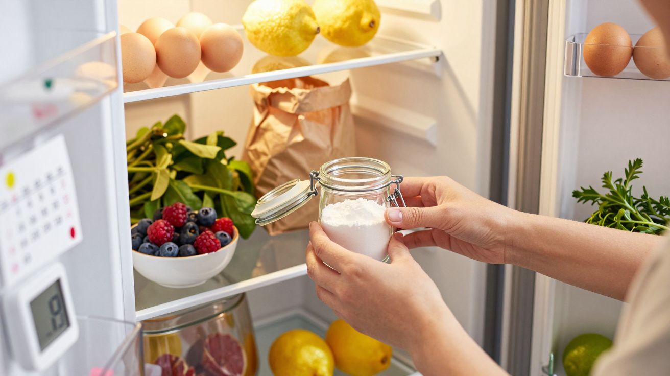 Person legt ein Glas mit Pulver in einen offenen Kühlschrank voller Obst, Eier und Kräuter.
