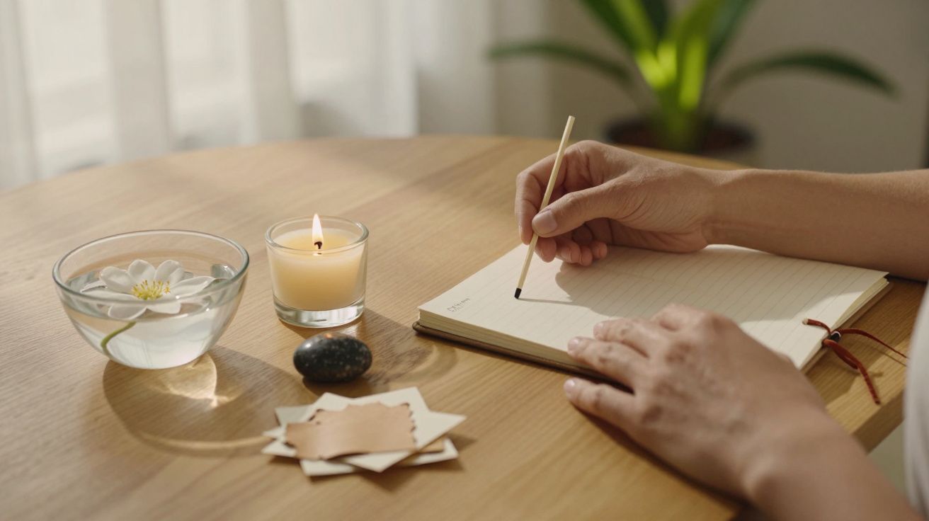Person schreibt in Notizbuch, daneben Kerze, Blume im Wasser und Steine auf Holztisch, Hintergrund mit Pflanze.