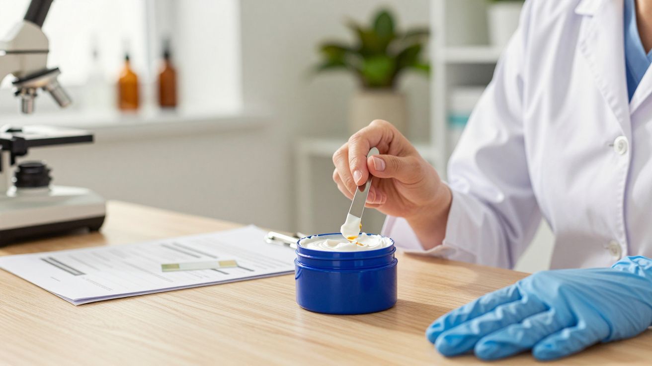 Person im Laborkittel untersucht Cremeprobe im blauen Behälter mit Spatel, Mikroskop und Dokumente im Hintergrund.