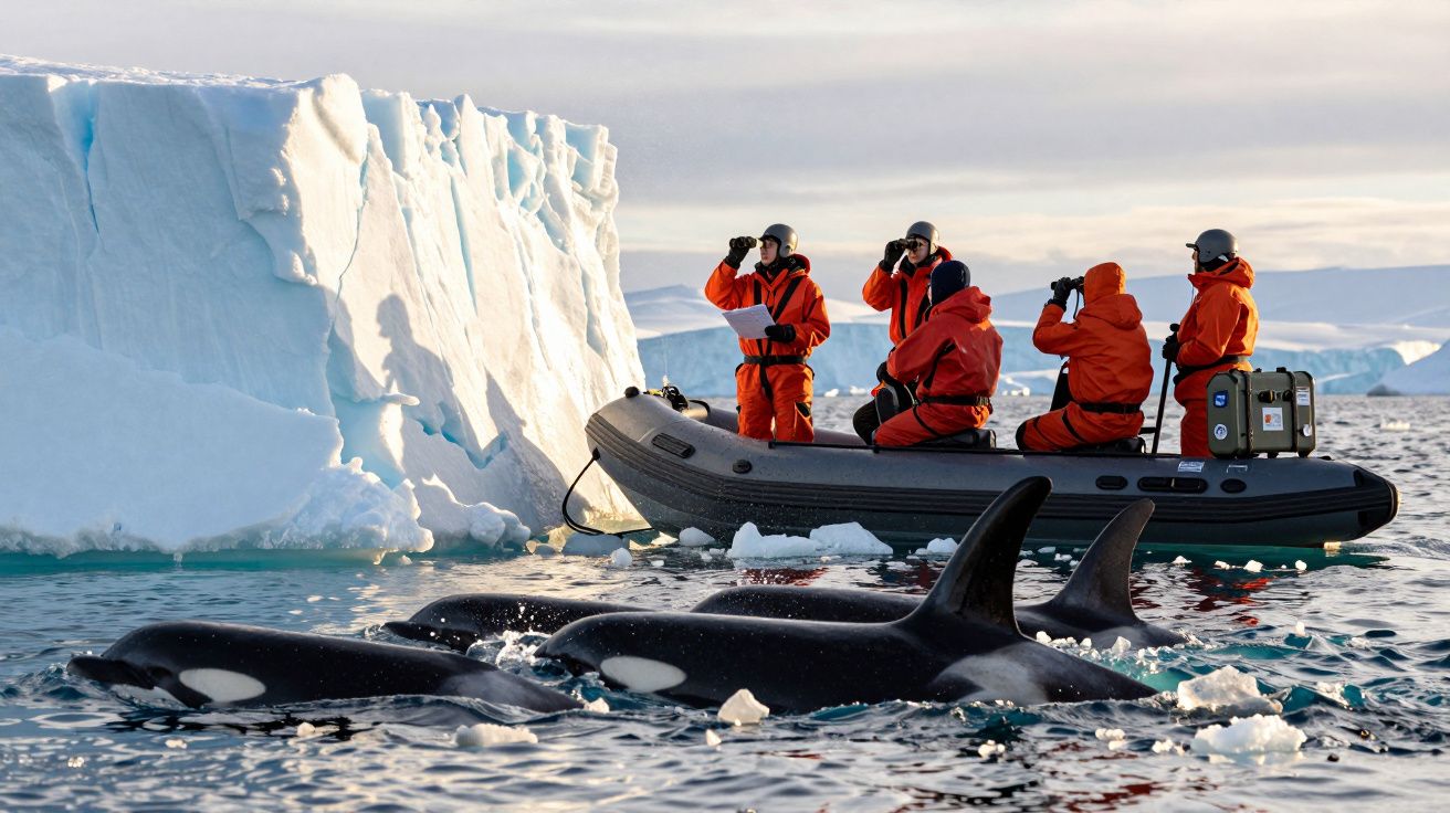 Forscher im Boot beobachten Orcas neben einem Eisberg im Meer, gekleidet in orangefarbene Anzüge.